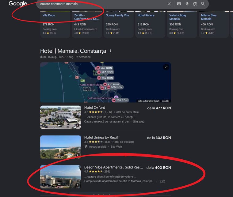 Google screenshot for the search “cazare constanta mamaia”