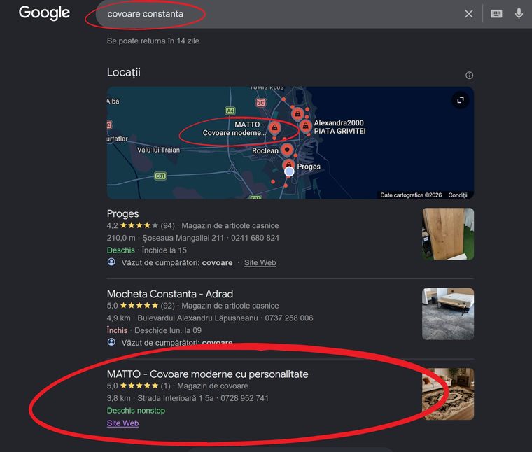 Google screenshot for the search “covoare constanta”