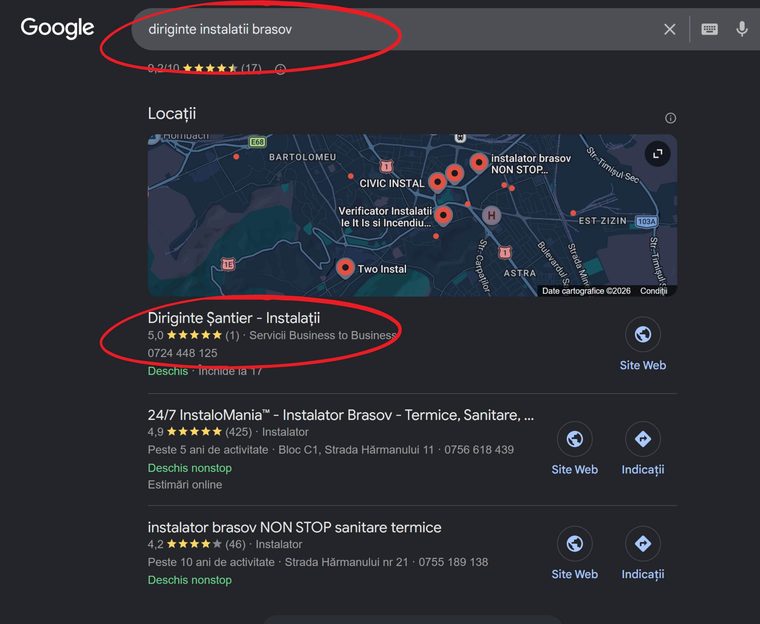 Google screenshot for the search “diriginte instalatii brasov”